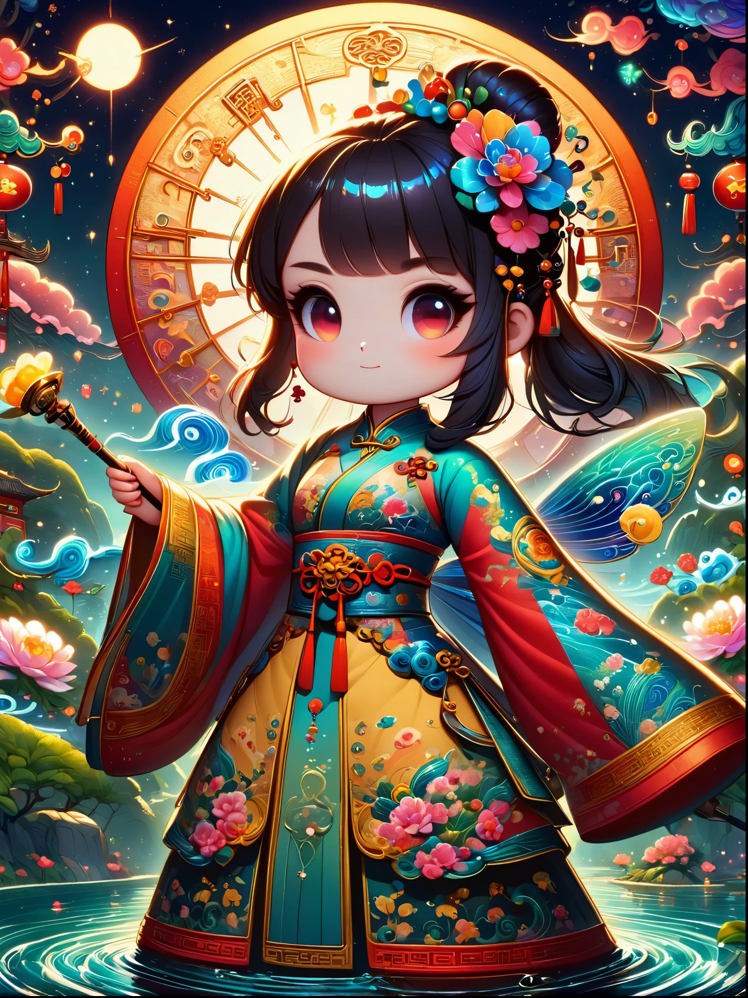 Realistic depiction of a woman in sparkling clothing，Encapsulated in a kawaii aesthetic style with liquid light elements，Reflecting the deep connection with the essence of Chinese culture and fairy tales。the work emphasizes intricate details that might be overlooked in a moment，Blending traditional Chinese themes with a whimsical modern twist。The color scheme is reminiscent of a sun-kissed palette，Full of warmth and vitality。The scene is captured in a realistic photography style，Use a mid-range shot，Showcasing the fusion of traditional and contemporary creativity。