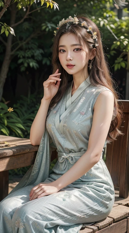 (best quality,4k,8k,highres,masterpiece:1.2),ultra-detailed,(realistic,photorealistic,photo-realistic:1.37),beautiful detailed eyes,beautiful detailed lips,extremely detailed eyes and face,longeyelashes,Hanbok and Hanfu fusion,short and sexy dress,long white hair,gray eyes,cute curves,white hair,gray eyes,curves,lush garden background,soft lighting,traditional Korean and Chinese elements,delicate floral patterns,rich colors,harmonious blend of Korean and Chinese aesthetics,hair accessory with delicate embroidery,dainty and graceful gestures,colorful autumn leaves,ancient architectural elements,ethereal atmosphere