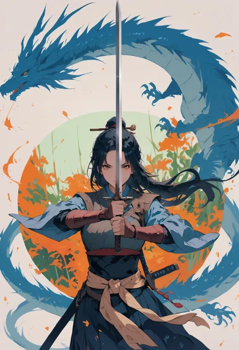 Chinese female swordsman，Sword in both hands，wing，dragon background