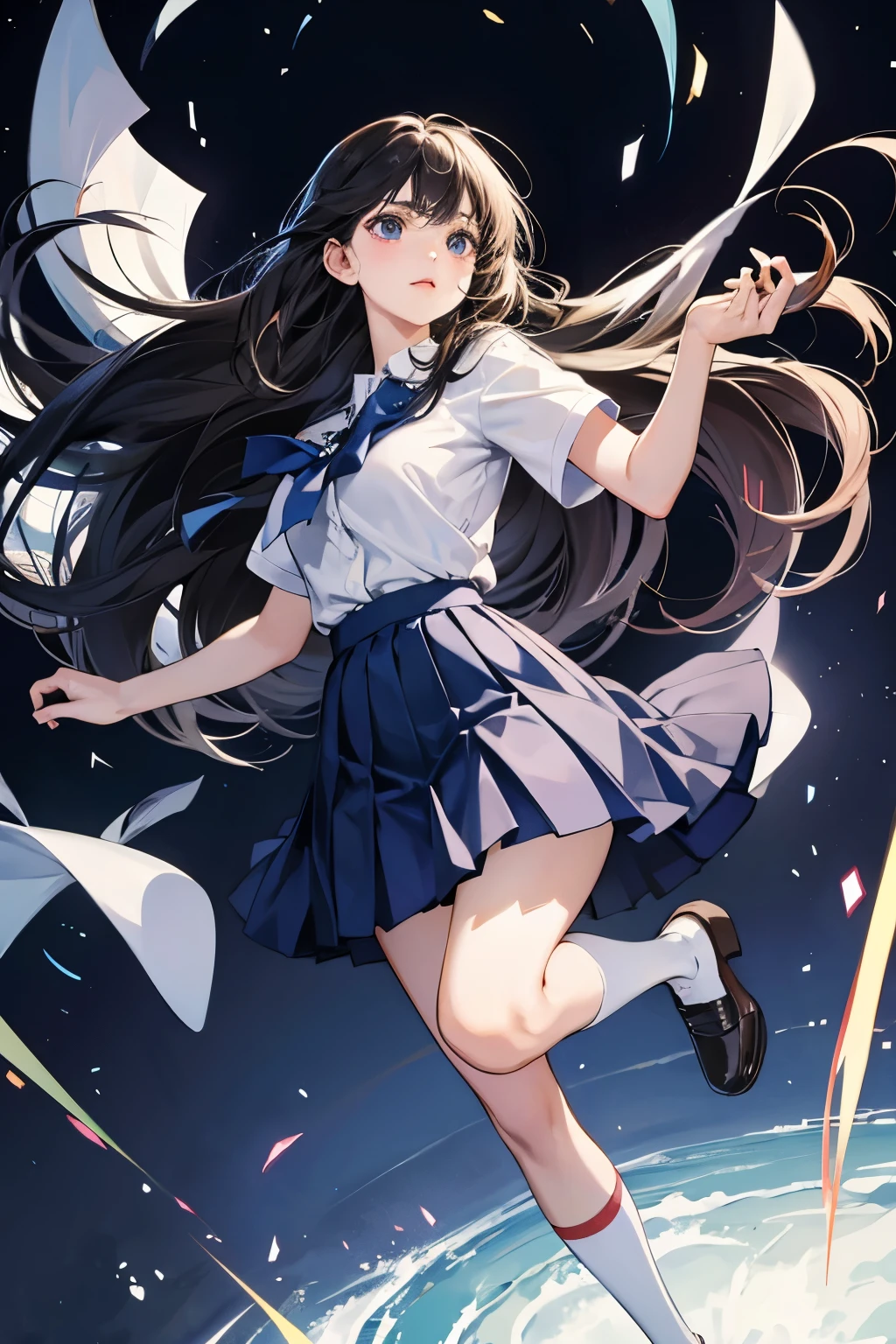 (extremely detailed CG:1.2), (masterpiece:1.2), (best quality:1.2),,((absurdres)),looking at viewer,full body, ,(1girl),solo,(long hair),(mathayom uniform),(white shirt short sleeves),(navy_blue pleated skirt),(long skirt),dynamic angle,standing,dynamic pose,((Delicate facial features)),, 