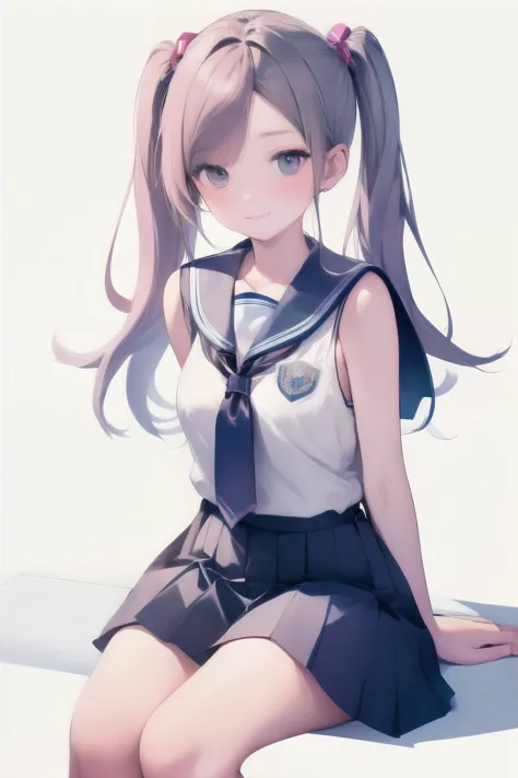 A school girl,sleeveless middy uniform,white background