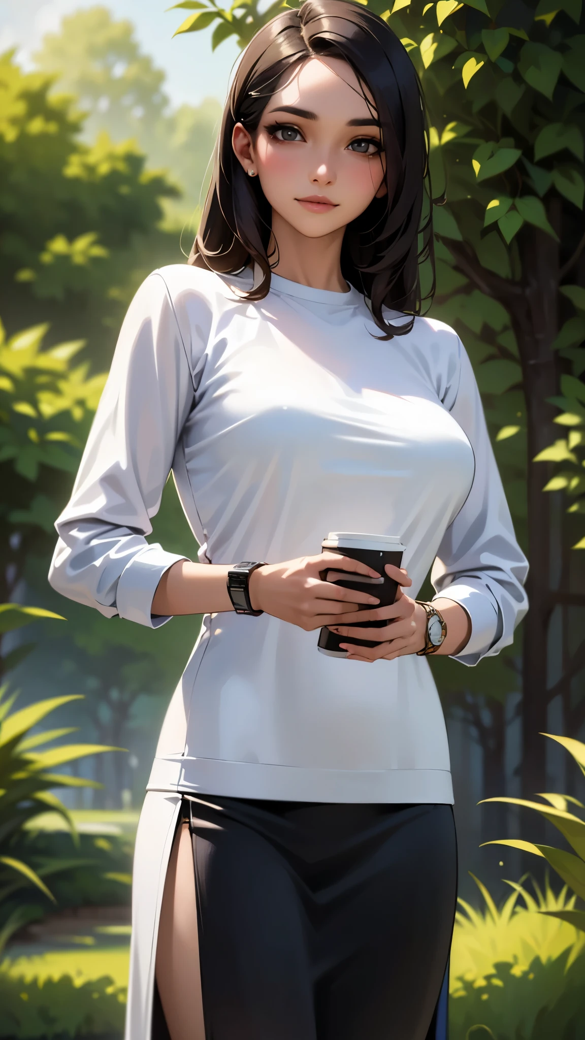 (8k, best quality, masterpiece:1,2), (realistic, photo-realistic:1,37), top quality, masterpiece, a beautiful woman, want to drink coffee, a coffee cup, elegant style. Indonesian women's style, clean white skin, beautiful eyes, medium hair, wears a watch