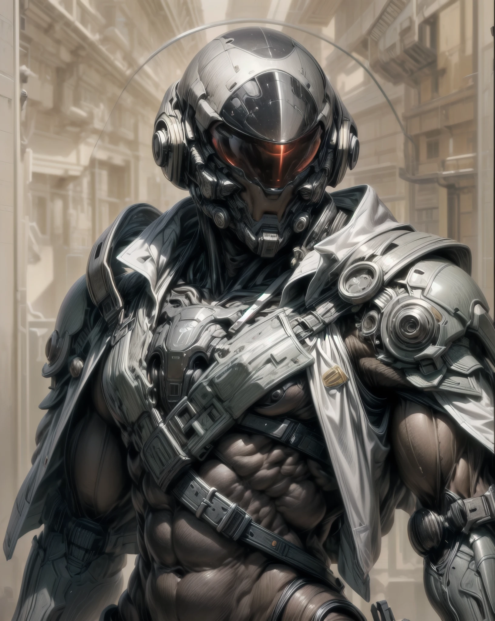 (((epic and visually stunning complex digital anime masterpiece:1.6, elegant decorated tactical military cyborg:1.3, ((gorgeous feminine male physique:1.3, graceful:1.4)) space soldier:1.3))), (((heavily muscled masculine chest:1.4, chiseled abs:1.4, heavily toned:1.4, slim yet muscular:1.3))), (((complex and beautiful:1.3, tactical:1.3, stunning scifi fantasy style:1.5, beautiful scifi style mechanical helmet:1.5, polarized visor:1.5))), (((elegant tactical double breasted trench coat:1.5, sleek exoskeleton:1.3))), (((form fitted armor plating:1.3, super sleek sensually revealing under suit:1.5, waist and thighs exposed:1.5)), ((flamboyant feminine essence:1.4, heavy mechanical gothic aesthetic:1.4)), ((androgynous body build)), (((toned yet heavily muscled gorgeous femboy physique:1.4, gorgeous perfectly defined muscles:1.4, toned sleek mechanical arms and legs:1.4, thick well rounded thighs:1.5, mechanical muscles))), ((((depth of field, cinematic lighting, chromatic aberration, ray tracing, UHD, masterpiece, top of head covered, super detail, high details, high quality, award winning, 8k, highres)))):1.6, (((dieselpunk, decopunk, artificial muscle))):1.6, (((beautifully engraved artdeco scifi style design:1.4)))