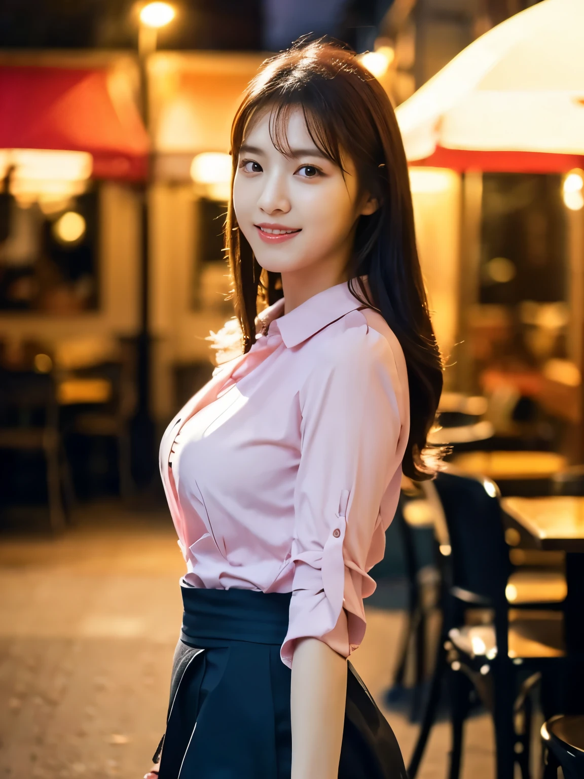 1 girl, (wearing a pink blouse:1.2), short skirt, beautiful japanese actress, (RAW photo, highest quality), (realistic, Photoreal:1.4), masterpiece, very delicate and beautiful, very detailed, 2K wallpaper, wonderful, finely, Very detailed CG Unity 8k 壁紙, Super detailed, High resolution, soft light, beautiful detailed girl, very detailed目と顔, beautifully detailed nose, beautiful and detailed eyes, cinematic lighting, BREAK, (Against the backdrop of a outside the cafe terrace 1.3), city lights, perfect anatomy, slender body, smile, Face the front completely, (look at the camera), (waist shot), (emphasize big breasts), full body shot,