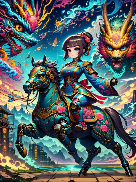 beautiful cyberpunk robot woman wearing dark blue sengoku armor, riding a ghost horse, mechanical arm holds a long knife, blue b...