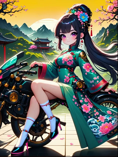 ((Long shot))，((whole body)), Beautiful cyberpunk girl wearing black cheongsam with robotic arms and legs with floral pattern holding electric rifle standing under cherry blossom tree with pink flowers, (white socks，mechanical ceramic high heels:1.5)，yello...