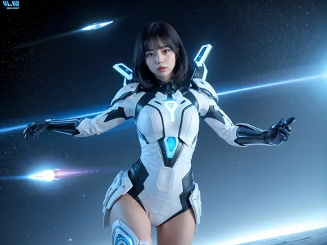 (Raw photo, highest quality), (realistic, Photoreal:1.3), 1 girl、realisticbody、Pleiades space warrior、white and blue battle suit...