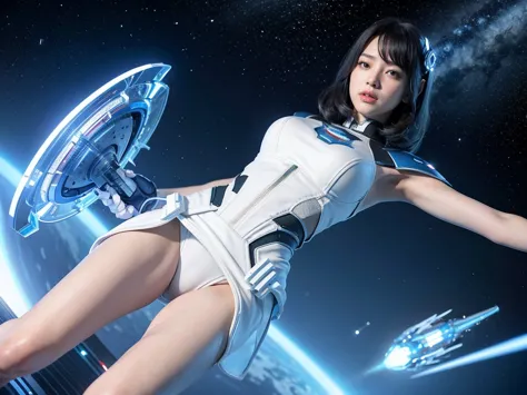 (Raw photo, highest quality), (realistic, Photoreal:1.3), 1 girl、realisticbody、Pleiades space warrior、white and blue battle suit...