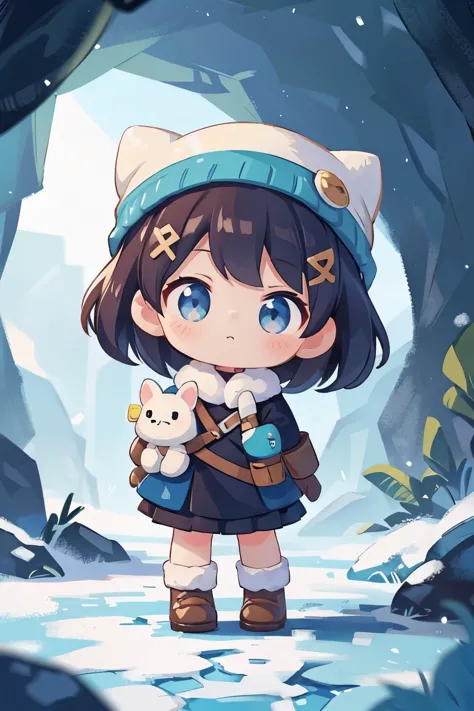 The following scenes will be expressed using chibi girl dolls.（Photoreal、A  takes a commemorative photo in the cave of Vatnajökull Glacier、cute winter clothes、knitted hat、woolen gloves、Right hand up）
