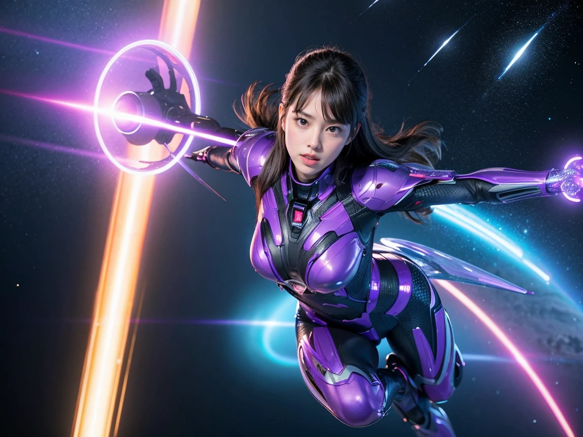 (Raw photo, highest quality), (realistic, Photoreal:1.3), 1 girl、realisticbody、purple battle costume、Meteor warrior flying from space、Battle against reptilian aliens、bounce laser with shield、smile