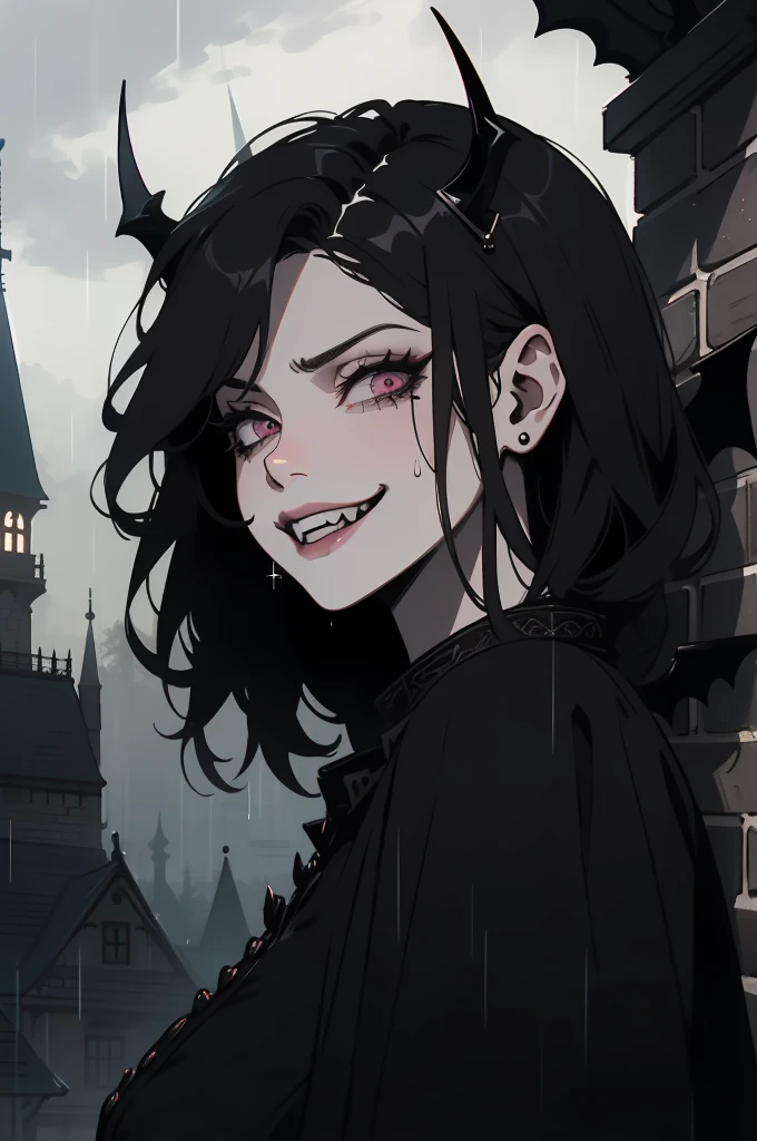 (outside, scary castle, raining, evening, soft light, dim lit, moody vibe, horror \(theme\), ), (insanely detailed, beautiful detailed face, masterpiece, best quality), 1girl, succubus, demon girl, mature female, black hair, pink eyes, grin, smirk, demon horns, black tail, black demon wings,