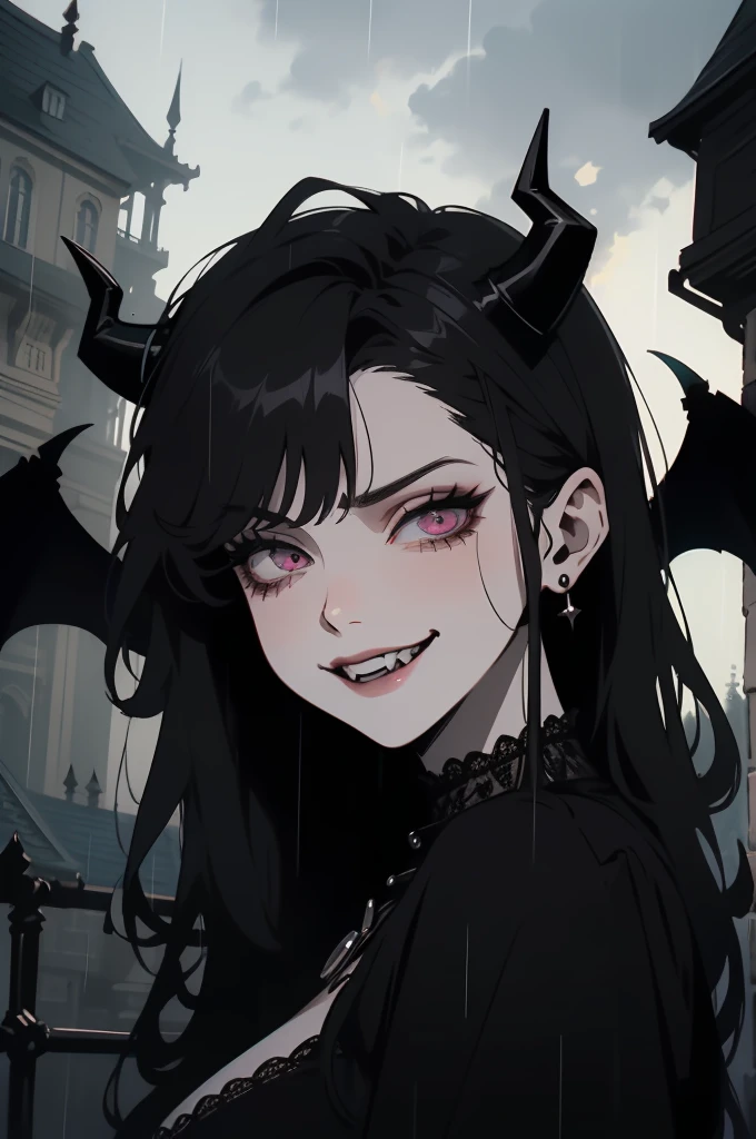 (outside, scary castle, raining, evening, soft light, dim lit, moody vibe, horror \(theme\), ), (insanely detailed, beautiful detailed face, masterpiece, best quality), 1girl, succubus, demon girl, mature female, black hair, pink eyes, grin, smirk, demon horns, black tail, black demon wings, whole body, walking on the ground