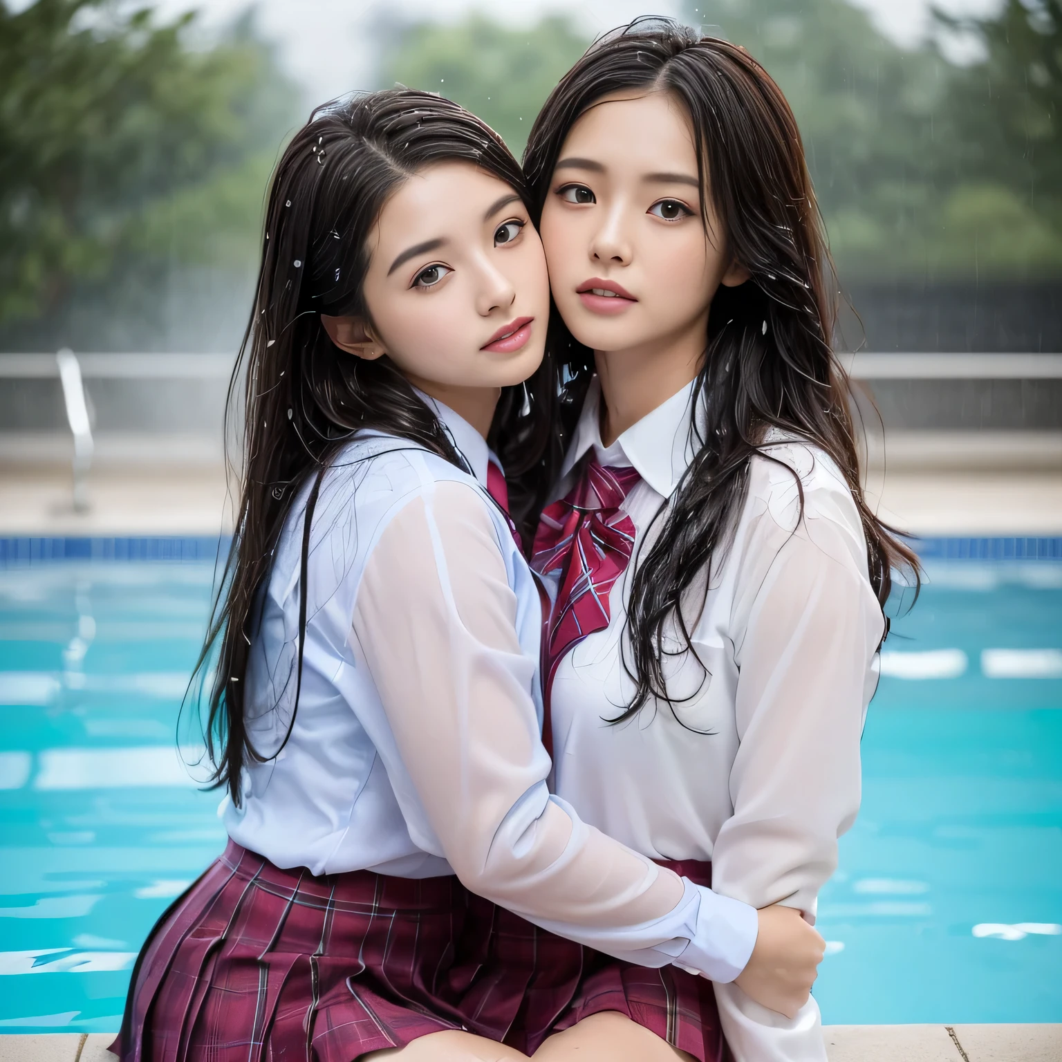 Two asian women in school uniforms sitting next to a swimming pool - SeaArt  AI