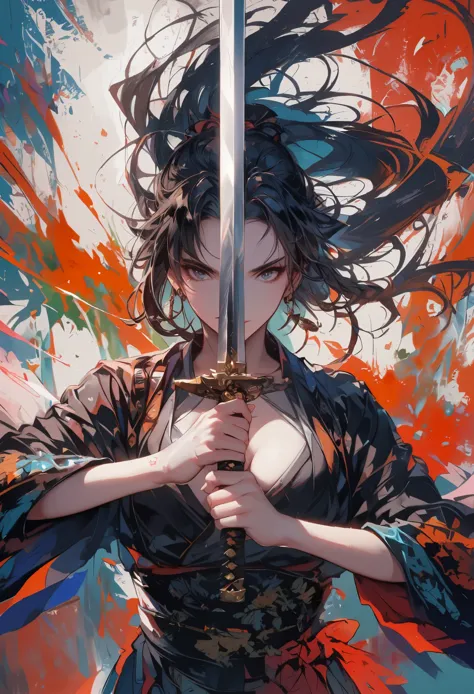 swordsman,1girl,black hair,breasts,cleavage,earrings,jewelry,long hair,sword,weapon,holding sword with both hands,sword focus