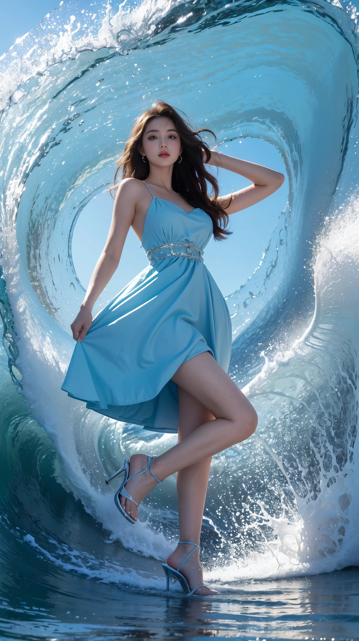 highest quality,masterpiece,ultra high resolution,(actual:1.4),original photo,ultra high resolution，8K，there is a woman，Fair skin，exquisite makeup，big wave of heart，light blue dress，high heels，long legs，bright and beautiful