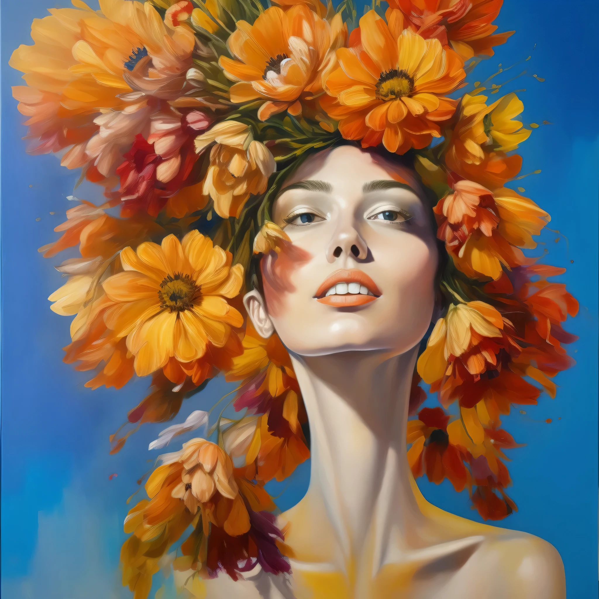 lady with flowers on her head is an acrylic painting, in the style of lucy glendinning, tony diterlizzi, organic and naturalistic compositions, floral explosions, ferris plock, light orange and brown, serene faces --ar 3:4 -