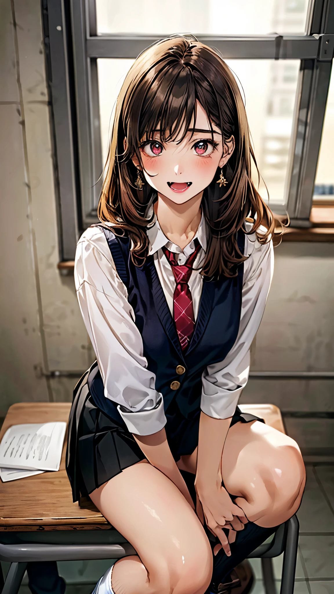 (masterpiece:1.3, top-quality, ultra high res, ultra detailed), (realistic, photorealistic:1.4), beautiful illustration, perfect lighting, natural lighting, colorful, depth of fields, 
beautiful detailed hair, beautiful detailed face, beautiful detailed eyes, beautiful clavicle, beautiful body, beautiful chest, beautiful thigh, beautiful legs, beautiful fingers, 
looking at viewer, (face focus, upper body), 1 girl, japanese, sculpture model, perfect face, (perfect anatomy, anatomically correct), cute and symmetrical face, babyface, , shiny skin, 
(long hair:1.7, straight hair:1.0, rosy brown hair), swept bangs, gold eyes, big eyes, slant eyes, long eye lasher, fang, (medium breasts:1.6, tight butt, seductive thighs), slender, 
((black blazer, shocking pink knit vest, collared white shirt, black pleated skirt, red tie)), black school socks, 
(beautiful scenery), morning, (classroom, chalkboard, window, ceiling light, curtains), sitting school desk, (hand in own hair), (seductive smile, open mouth small), 