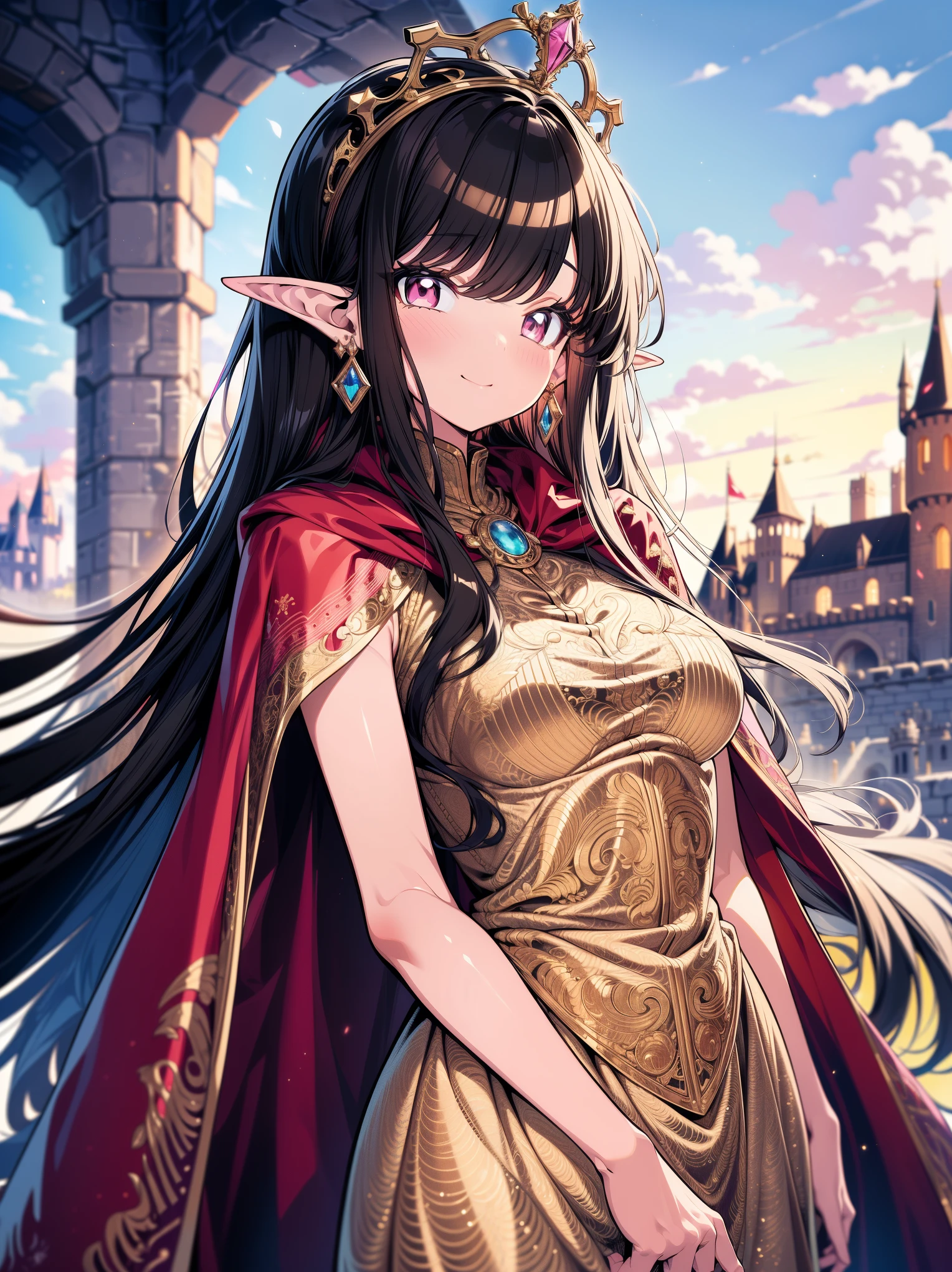 (masterpiece), (best quality, ultra-high resolution, depth of field:1.2), (perfect anatomy), Fair skin, Elf woman, pink eyes, black hair in a hime hairstyle, long hair, pink bow, gold earrings, medium breasts, (wearing an intricate gown), frills, (wearing a royalty cape), tiara, (medieval castle scenery), gentle smile