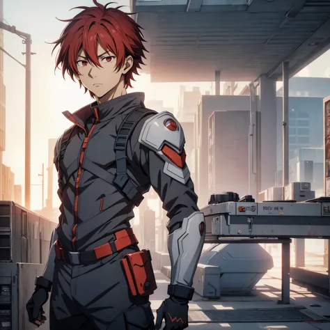 1 male, solo, red hair , 17 years old, anime character wearing combat suit, kaworu nagisa, anime handsome man, male anime charac...