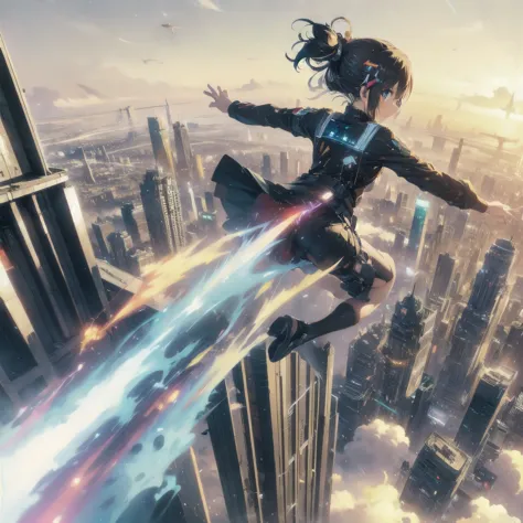 anime girl flying over a city with a rocket in the air, makoto shinkai cyril rolando, cyril rolando and goro fujita, stylized ur...