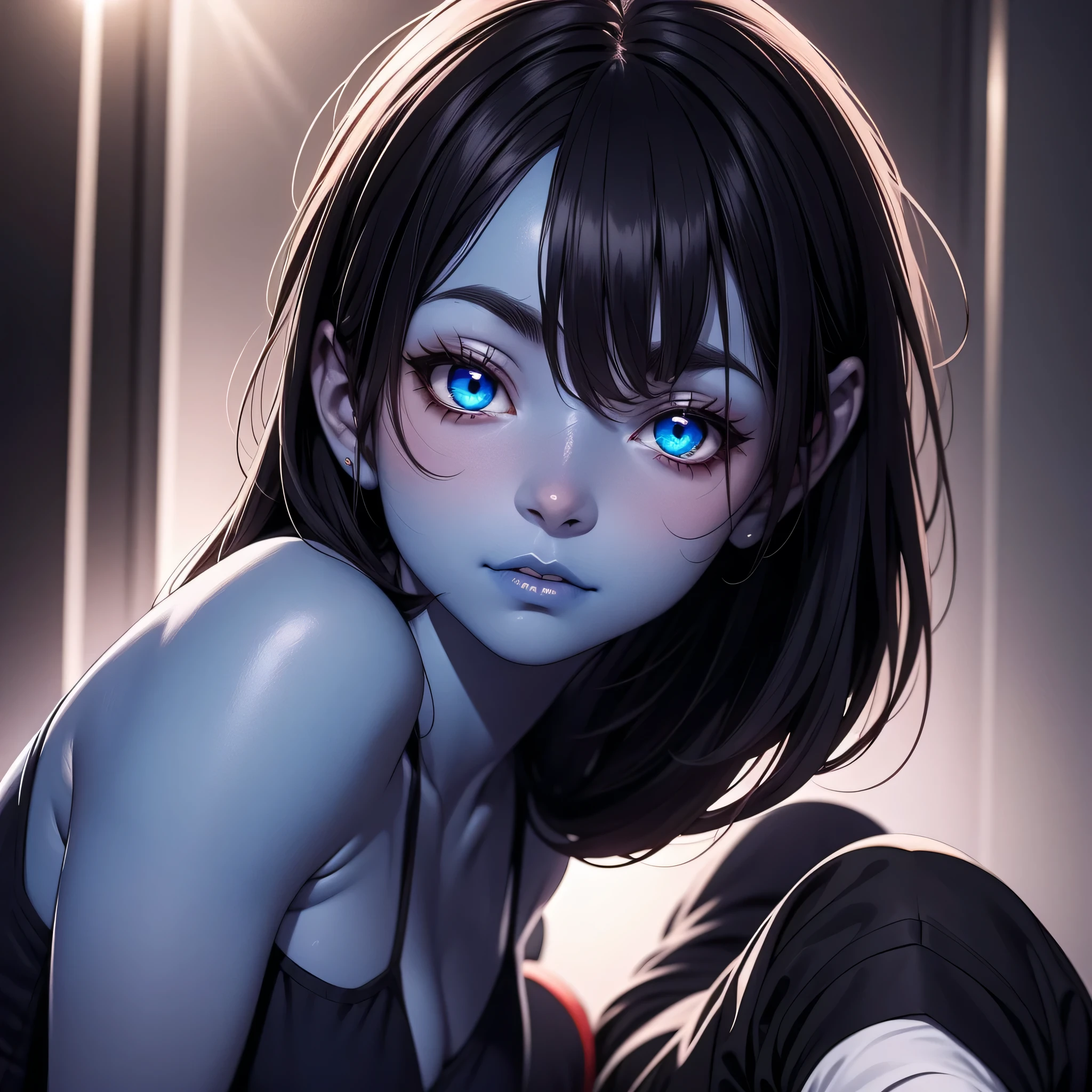 demon , alone, blue skin, Romanian ethnicity, full color, full of details, portrait photo, black hair, blue eyes, shadows, lights, lands, 8k, HDR, anime style, full reality, full body photo, hot , very hot, hentai