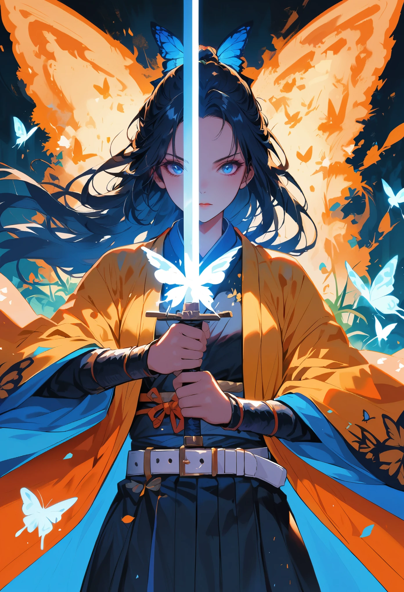 swordsman,1 girl,animal,animal print,belt,belt Buckle up,black hair,blue Butterfly,Buckle up,loopholes,Butterfly,Butterfly hair accessories,Butterfly on hand,Butterfly print,forehead,glowing Butterfly,gradient hair,hair accessories,Haori,Keep,Keep sword,Keep arms,japanese clothes,Samurai sword,Section Chief Ren,long hair,long sleeve,petal,alone,sword,arms,white belt,white Butterfly,wide sleeves,yellow Butterfly,Keep sword with both hands,sword focus