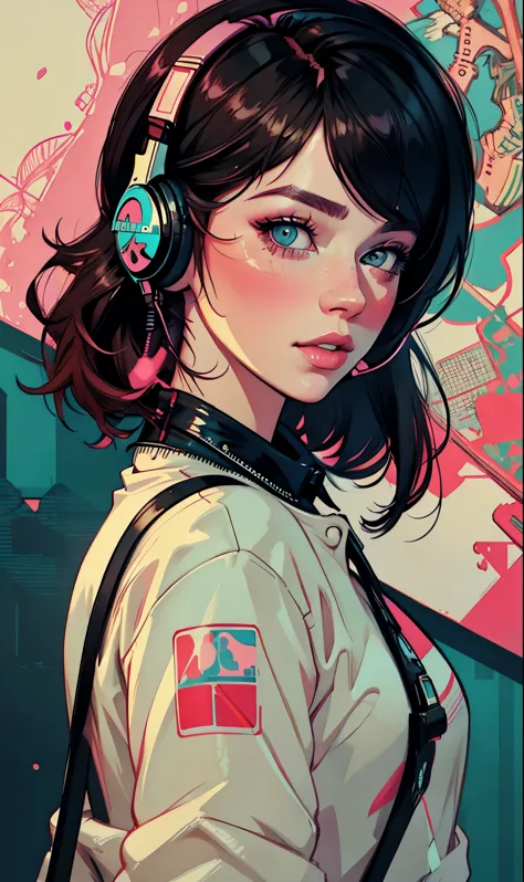 model girl wearing headphones, city background, intricate details, aesthetically pleasing pastel colors, poster background, art ...