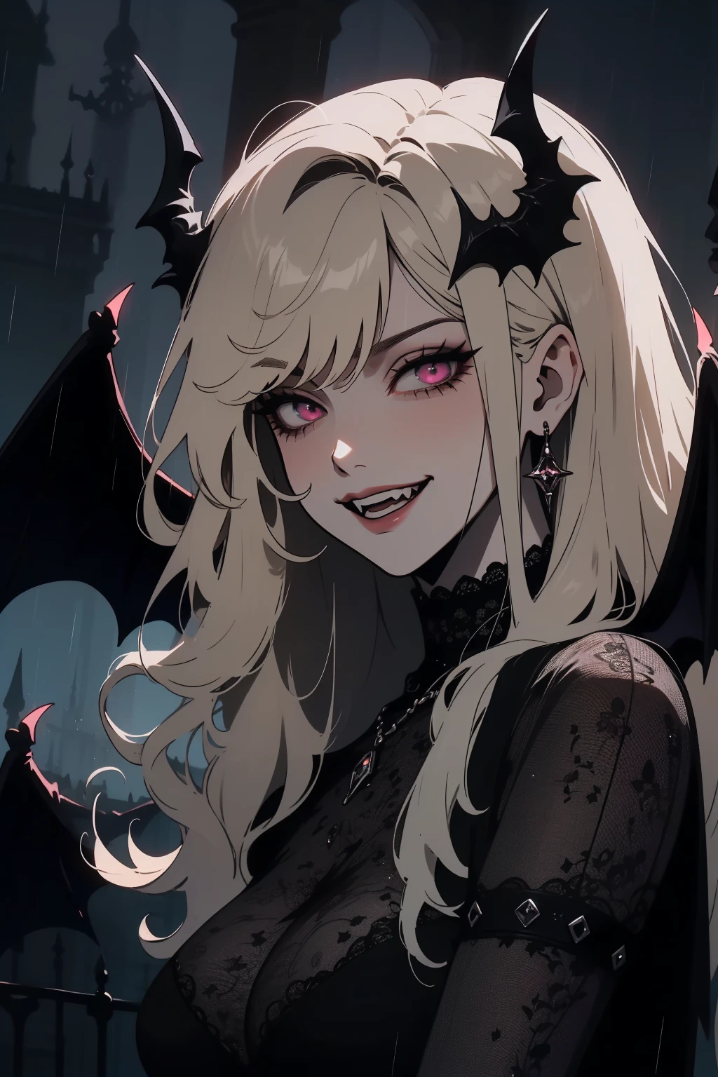 (outside, scary castle, raining, evening, soft light, dim lit, moody vibe, horror \(theme\), ), (insanely detailed, beautiful detailed face, masterpiece, best quality), 1girl, succubus, demon girl, mature female, black hair, pink eyes, grin, smirk, demon horns, black tail, black demon wings, whole body, walking on the ground