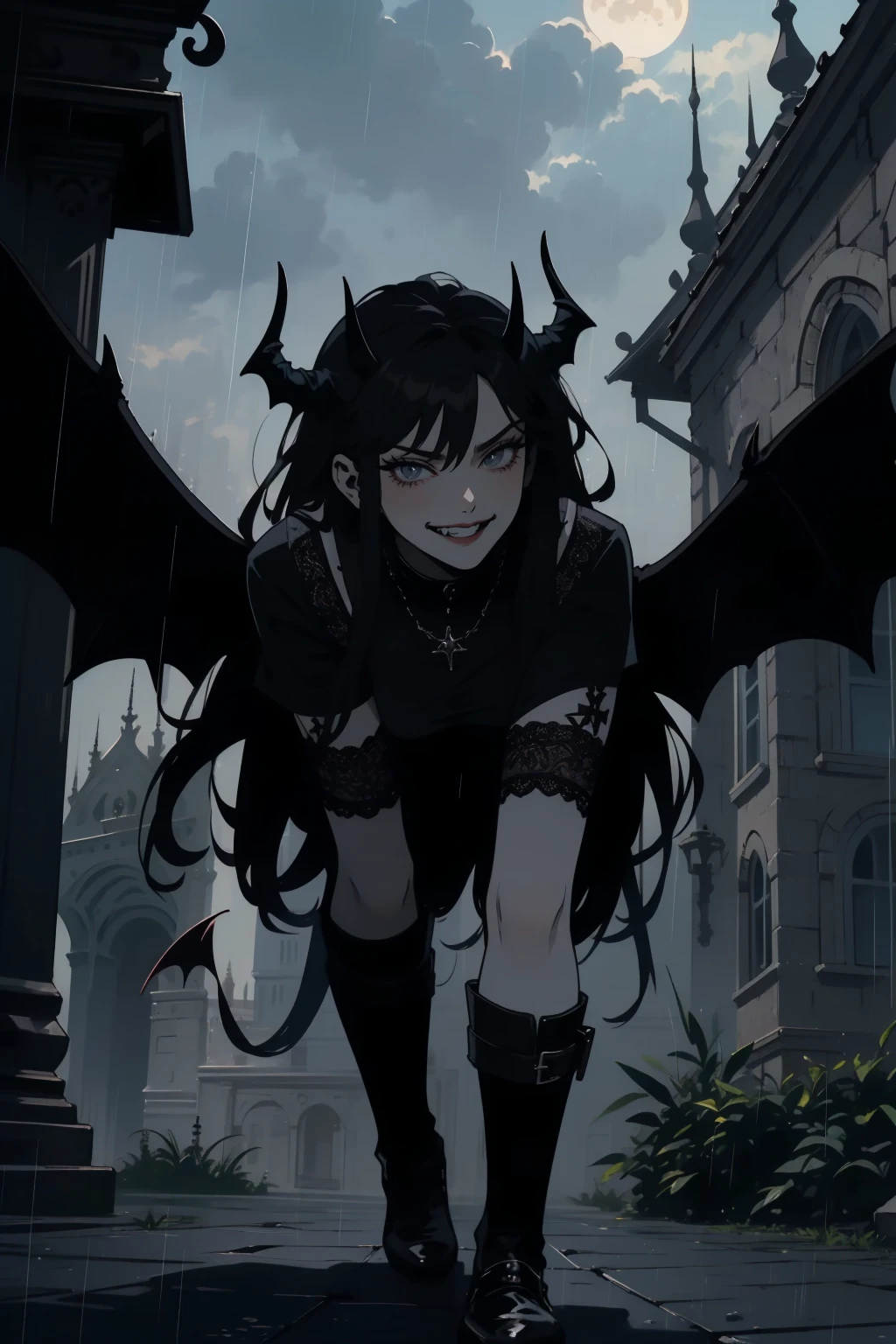 (outside, scary castle, raining, evening, soft light, dim lit, moody vibe, horror \(theme\), ), (insanely detailed, beautiful detailed face, masterpiece, best quality), 1girl, succubus, demon girl, mature female, black hair, pink eyes, grin, smirk, demon horns, black tail, black demon wings, whole body, walking on the ground