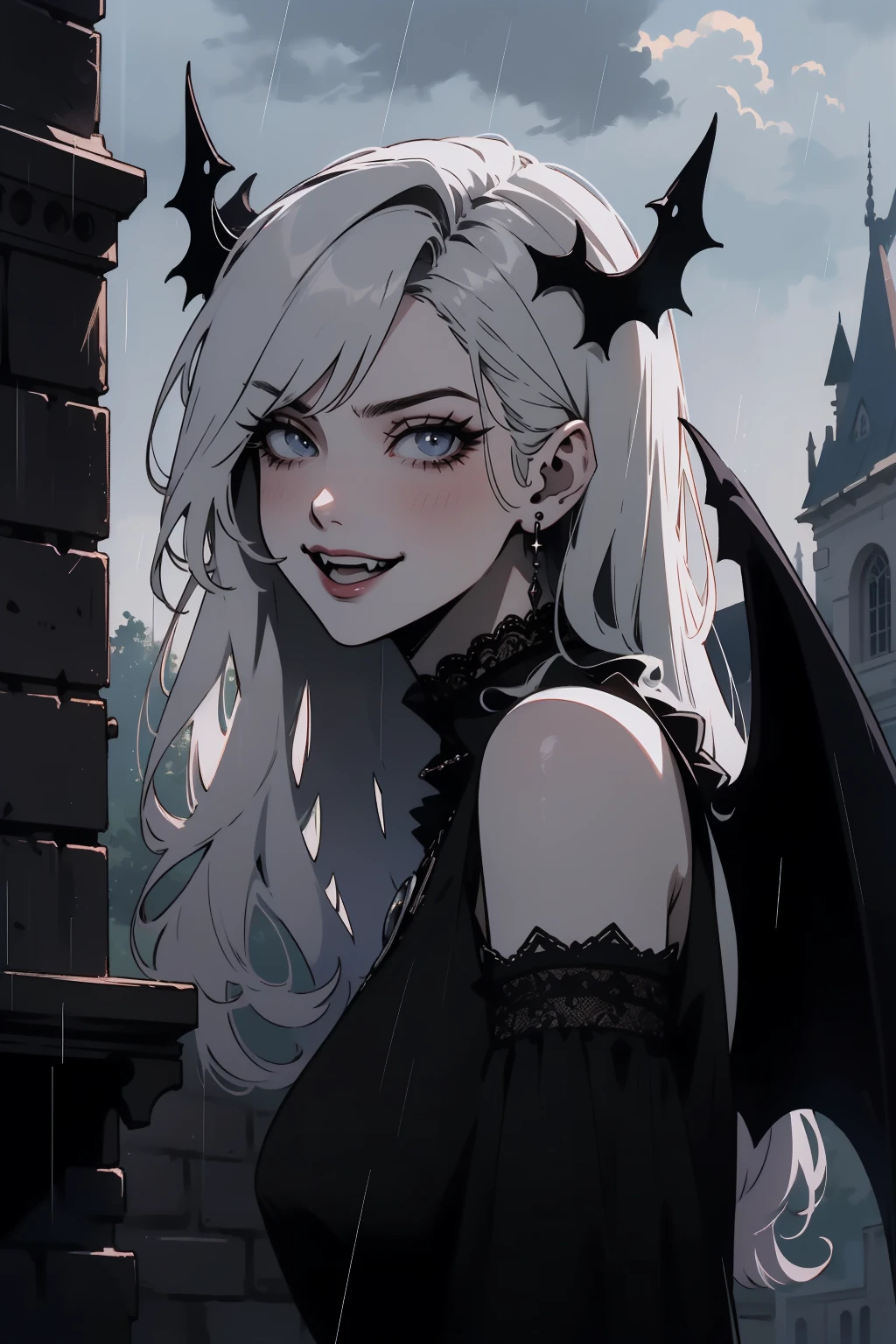 (outside, scary castle, raining, evening, soft light, dim lit, moody vibe, horror \(theme\), ), (insanely detailed, beautiful detailed face, masterpiece, best quality), 1girl, succubus, demon girl, mature female, black hair, pink eyes, grin, smirk, demon horns, black tail, black demon wings, whole body, walking on the ground