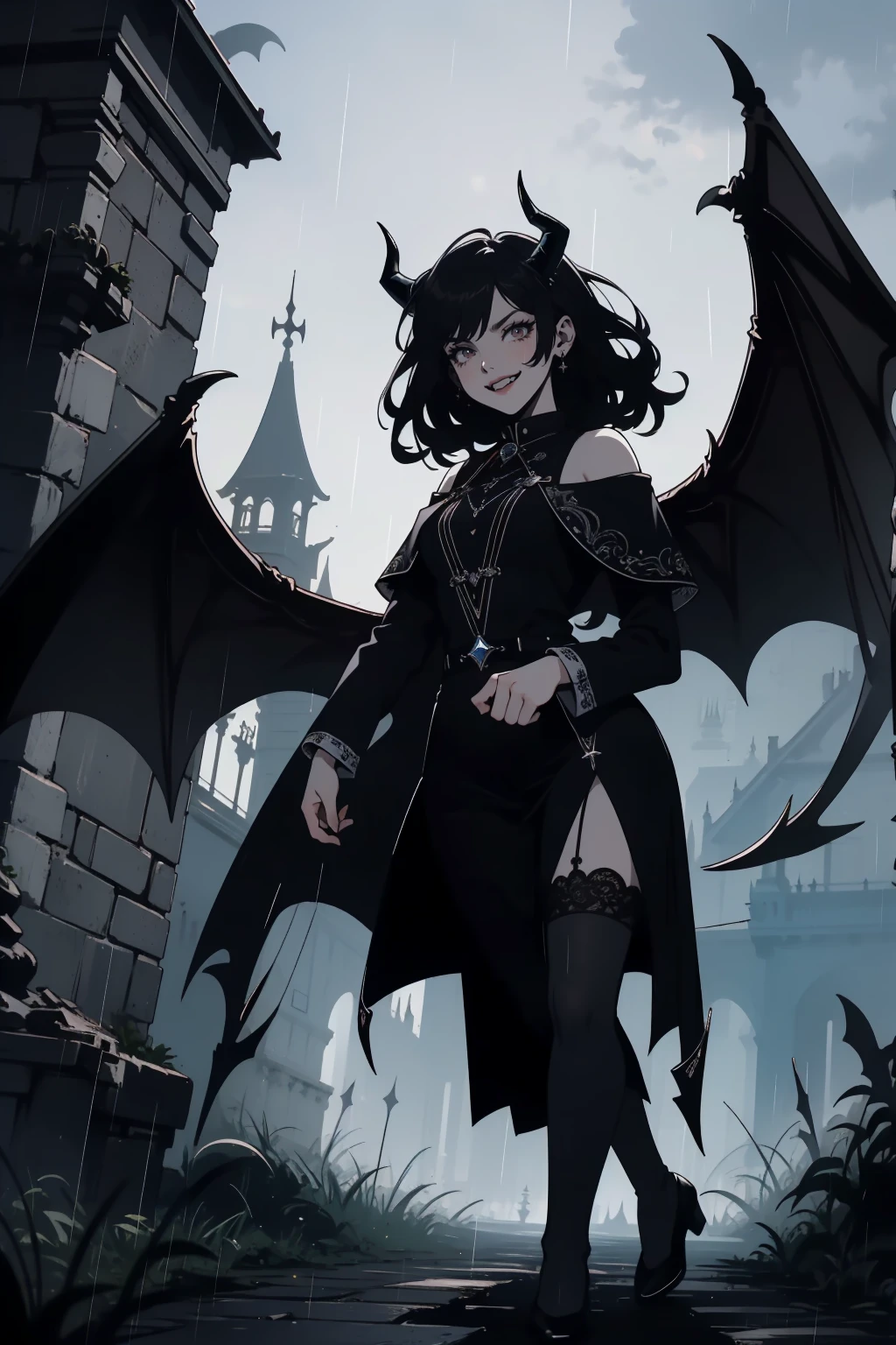 (outside, scary castle, raining, evening, soft light, dim lit, moody vibe, horror \(theme\), ), (insanely detailed, beautiful detailed face, masterpiece, best quality), 1girl, succubus, demon girl, mature female, black hair, pink eyes, grin, smirk, demon horns, black tail, black demon wings, whole body, walking on the ground