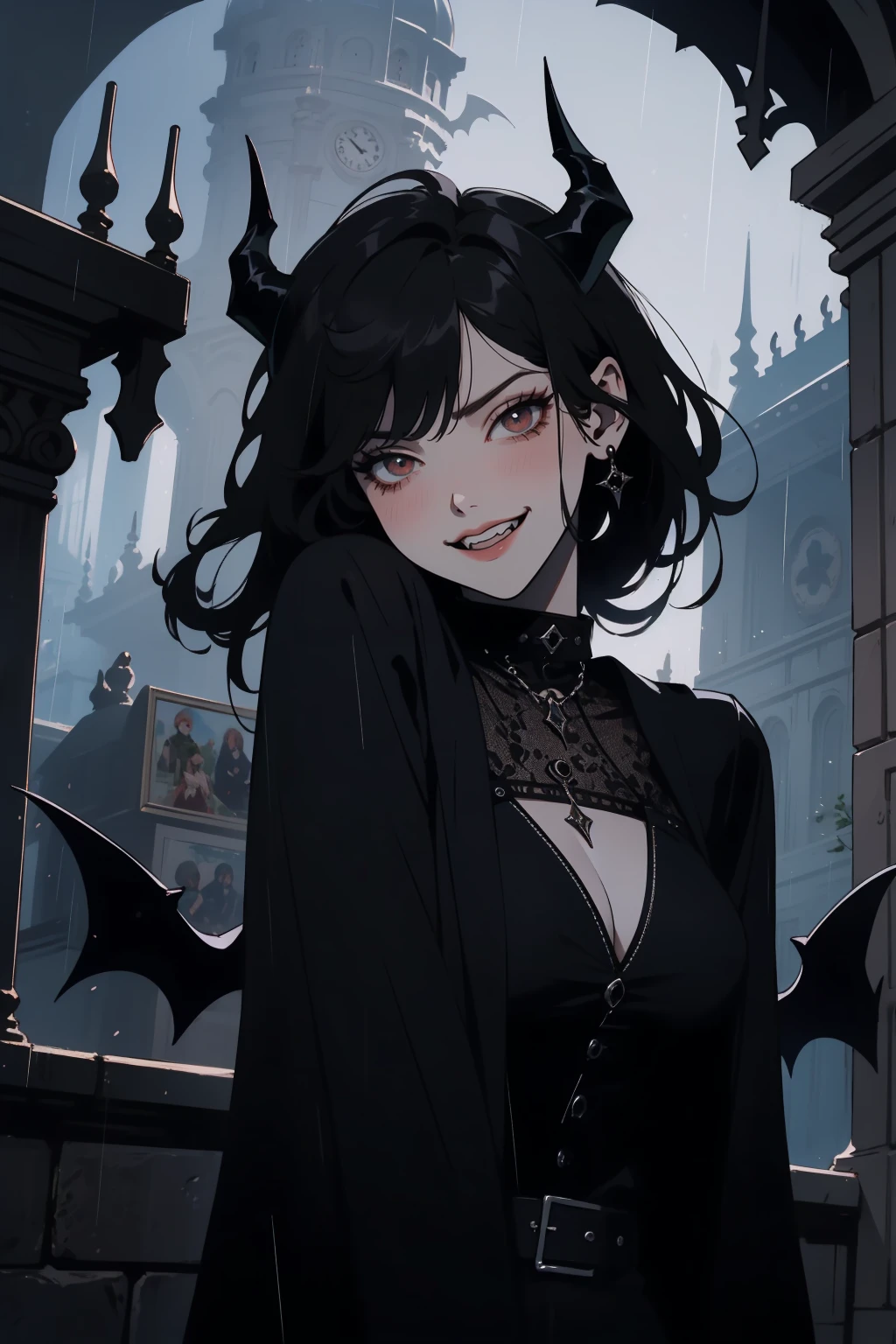 (outside, scary castle, raining, evening, soft light, dim lit, moody vibe, horror \(theme\), ), (insanely detailed, beautiful detailed face, masterpiece, best quality), 1girl, succubus, demon girl, mature female, black hair, pink eyes, grin, smirk, demon horns, black tail, black demon wings, whole body, walking on the ground