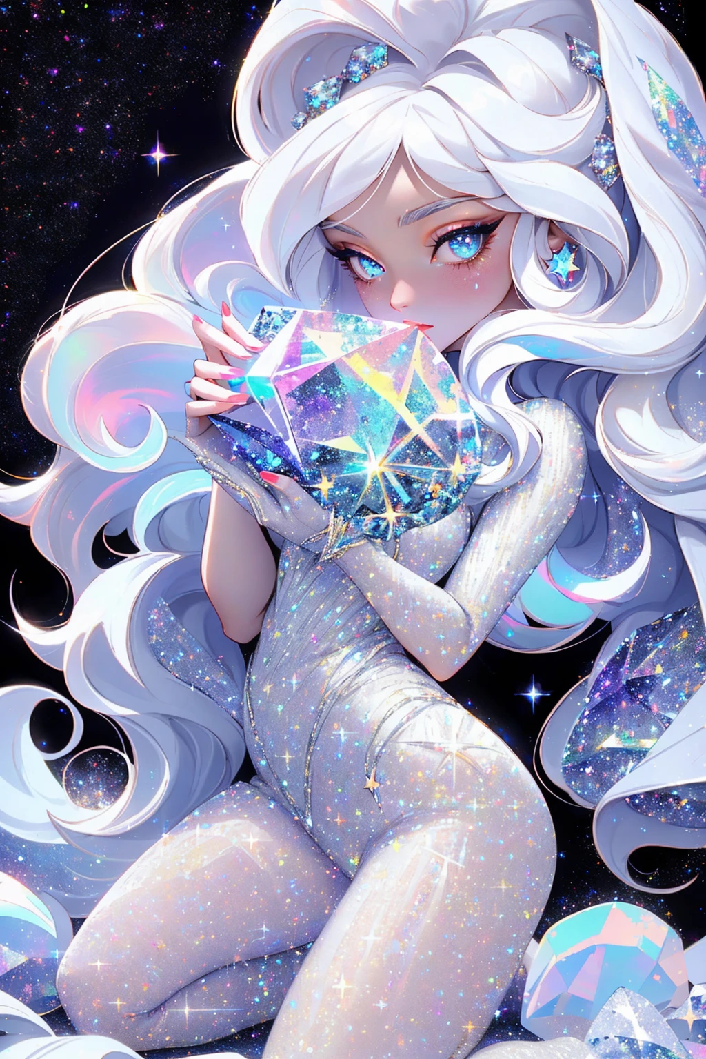 {-erro_de_anatomia:1.0} masterpiece, highest quality, (perfect face:1.1, (high detail)1.1, sweet stardust vampire , long soft white hair, opal eyes, perfectly drawn face, black dress, stars detailed background, prismatic lighting, glitter, whole bod., Very sexy, kneeling holding a crystal star in her hands