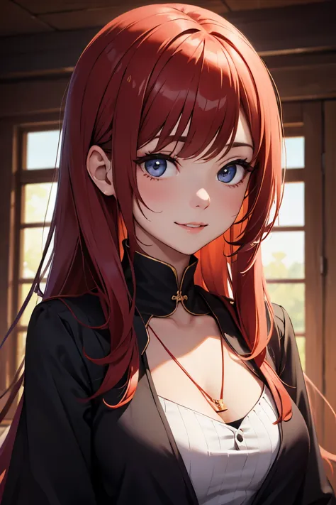 1girl, by kayahara, smile, long hair, dark dress, upper body,  red pendant 
