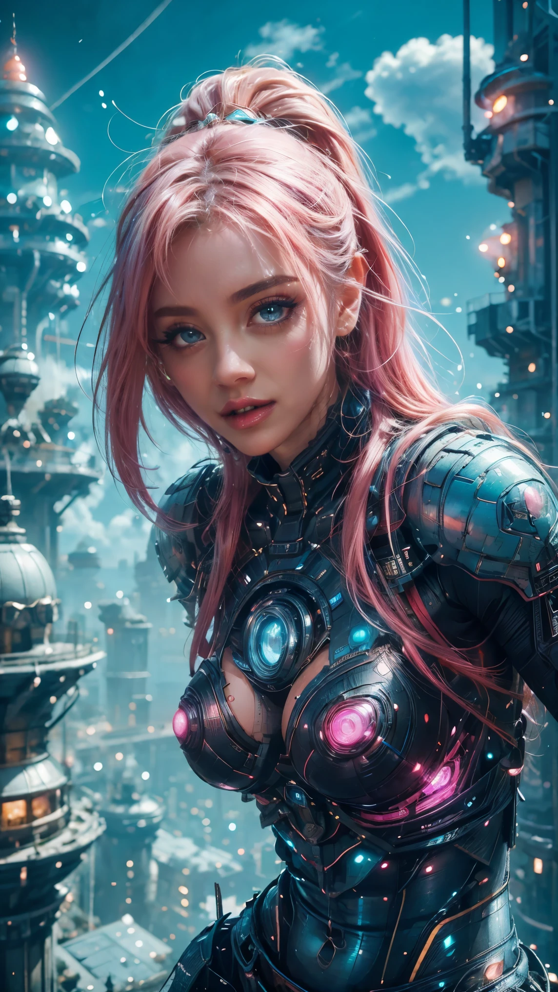 En el corazón del universo MCU de Marvel, una joven superheroína con cabello rosado neón en el medio, traje de superhéroe ajustado de spandex con escote largo en una ciudad futurista, crea una atmósfera de película de superhéroes, hermosos edificios futuristas adornan cada rincón de la ciudad. El ángulo de la escena es dinámico., Capturar la intensidad del momento, ojos azul cian de calidad fina, ojos azul cian intensos mirando a la cámara, ultra detallado, hermoso y esteticamente agradable, obra maestra, Mejor puntuación de calidad, (fractal art: 1.3), extremadamente detallado , ángulo dinámico, trazado de rayos, medio cuerpo, de cerca, Partículas de energía,