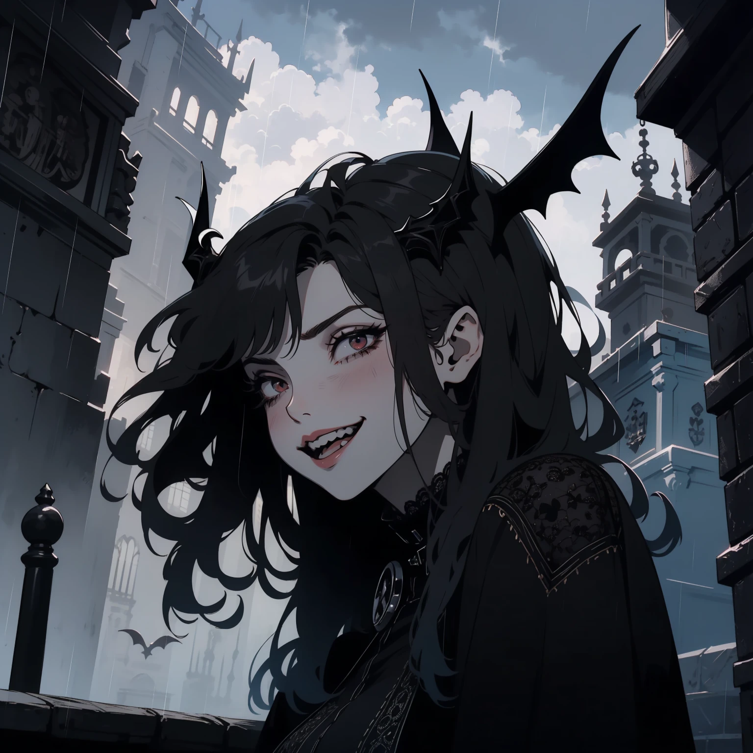 (outside, scary castle, raining, evening, soft light, dim lit, moody vibe, horror \(theme\), ), (insanely detailed, beautiful detailed face, masterpiece, best quality), 1girl, succubus, demon girl, mature female, black hair, pink eyes, grin, smirk, demon horns, black tail, black demon wings, whole body, walking on the ground