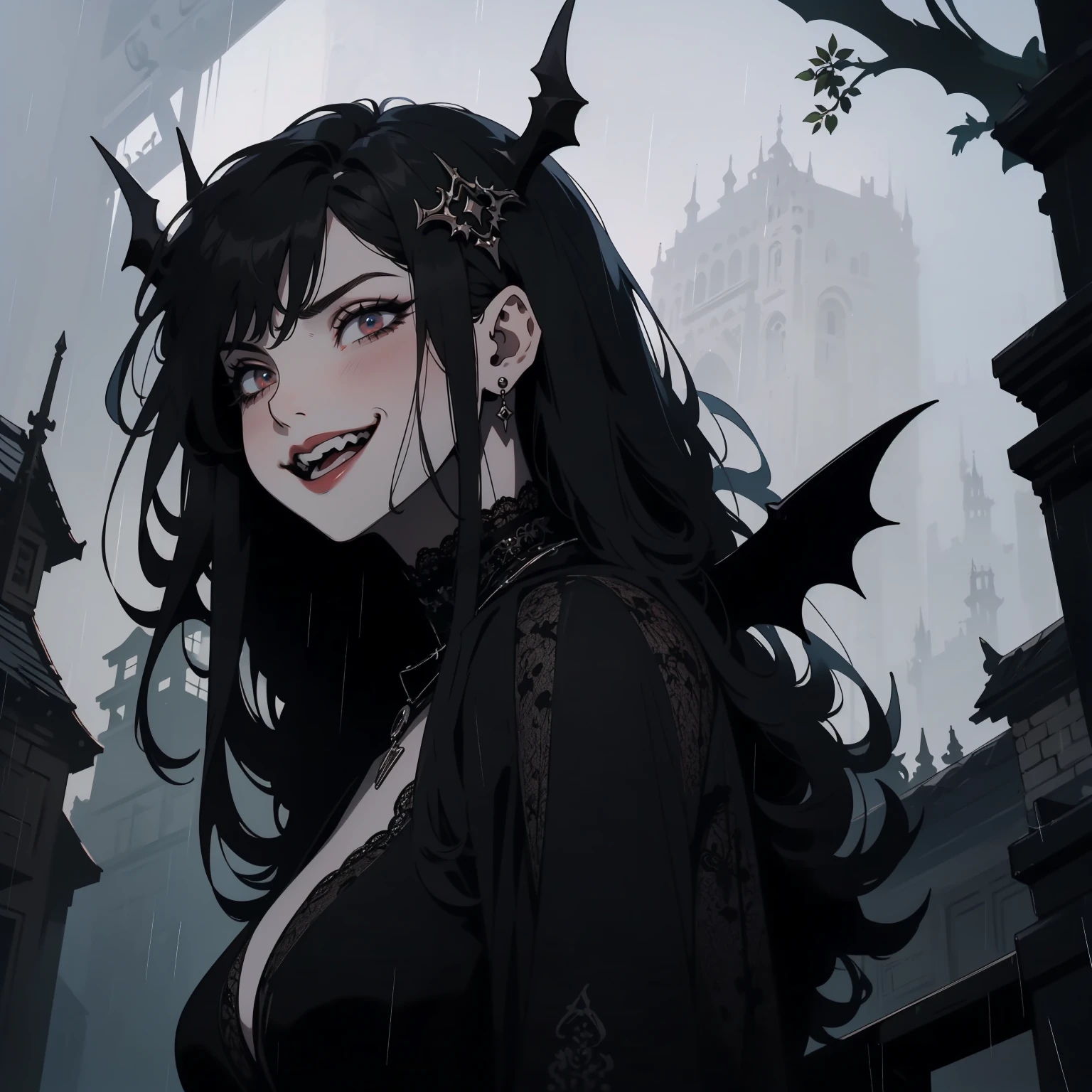 (outside, scary castle, raining, evening, soft light, dim lit, moody vibe, horror \(theme\), ), (insanely detailed, beautiful detailed face, masterpiece, best quality), 1girl, succubus, demon girl, mature female, black hair, pink eyes, grin, smirk, demon horns, black tail, black demon wings, whole body, walking on the ground