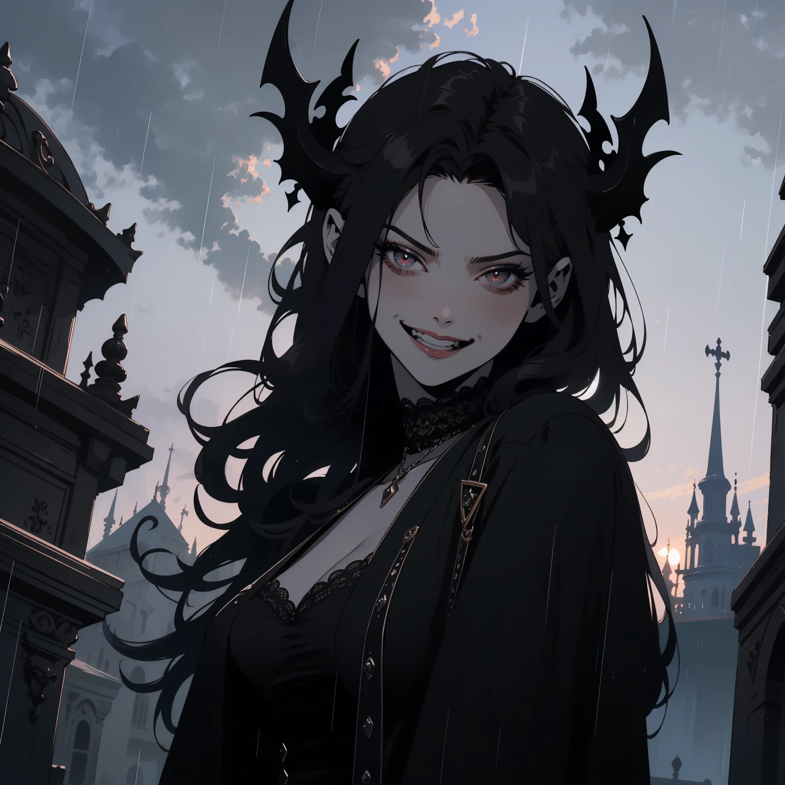 (outside, scary castle, raining, evening, soft light, dim lit, moody vibe, horror \(theme\), ), (insanely detailed, beautiful detailed face, masterpiece, best quality), 1girl, succubus, demon girl, mature female, black hair, pink eyes, grin, smirk, demon horns, black tail, black demon wings, whole body, walking on the ground