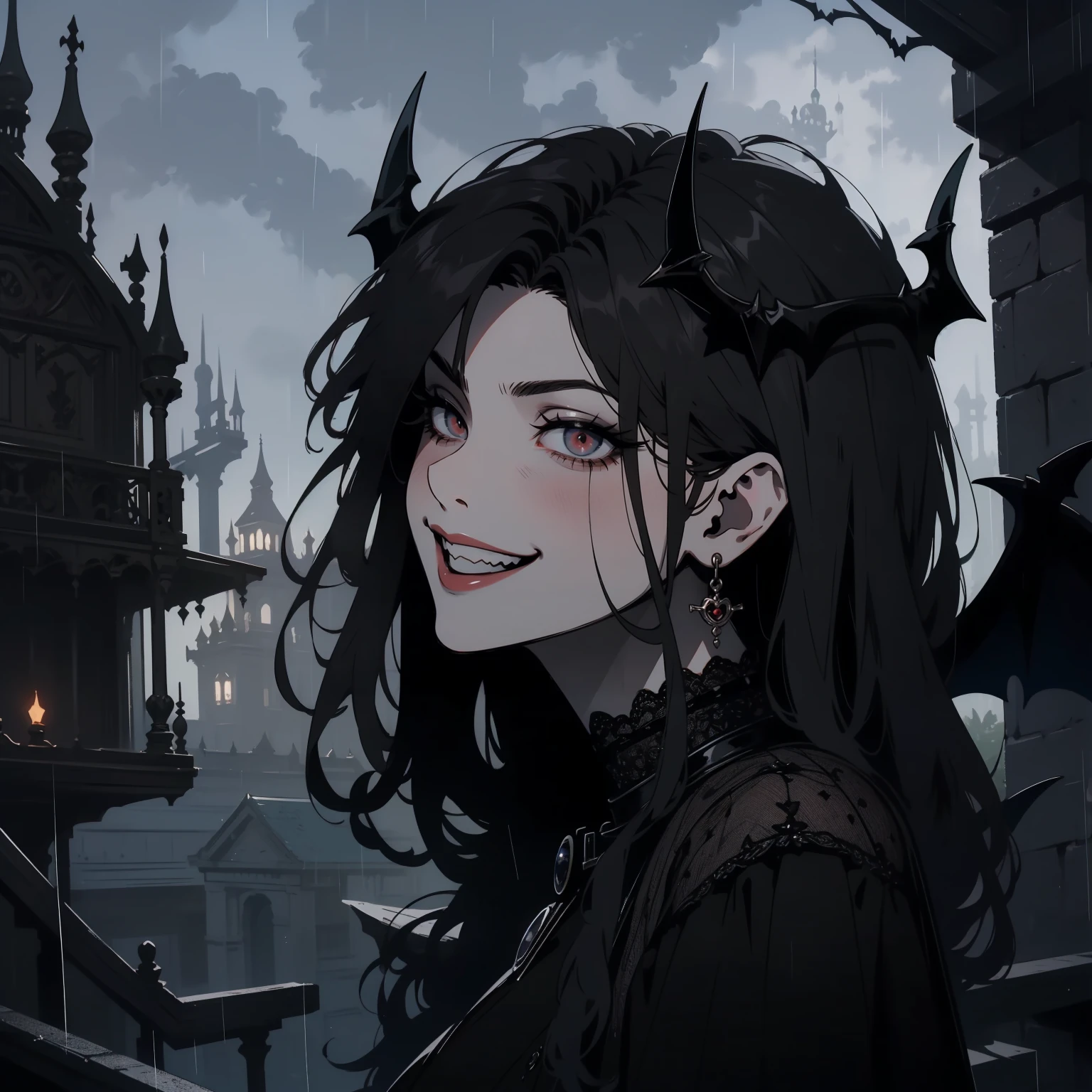 (outside, scary castle, raining, evening, soft light, dim lit, moody vibe, horror \(theme\), ), (insanely detailed, beautiful detailed face, masterpiece, best quality), 1girl, succubus, demon girl, mature female, black hair, pink eyes, grin, smirk, demon horns, black tail, black demon wings, whole body, walking on the ground