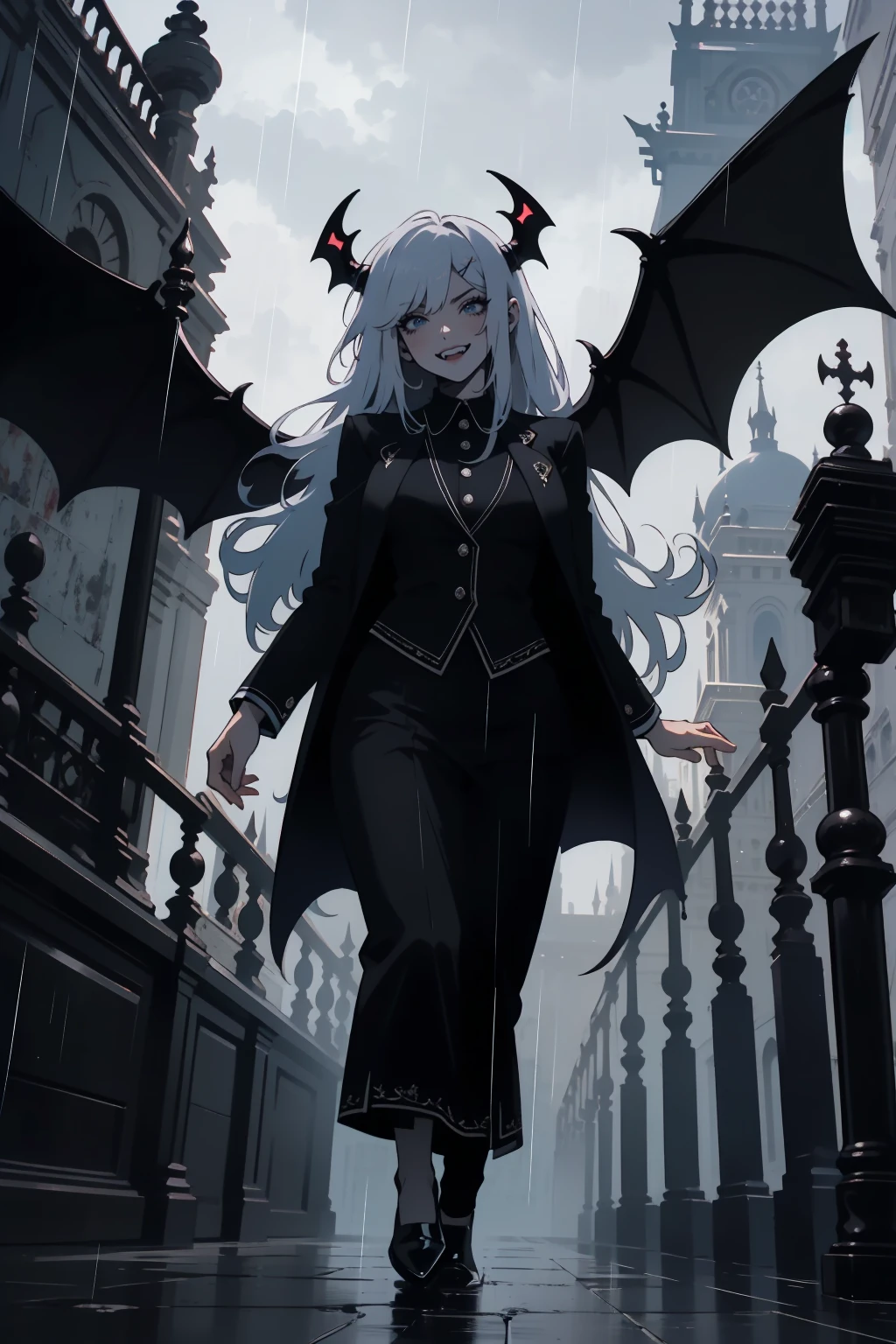 (outside, scary castle, raining, evening, soft light, dim lit, moody vibe, horror \(theme\), ), (insanely detailed, beautiful detailed face, masterpiece, best quality), 1girl, succubus, demon girl, mature female, black hair, pink eyes, grin, smirk, demon horns, black tail, black demon wings, whole body, walking on the ground