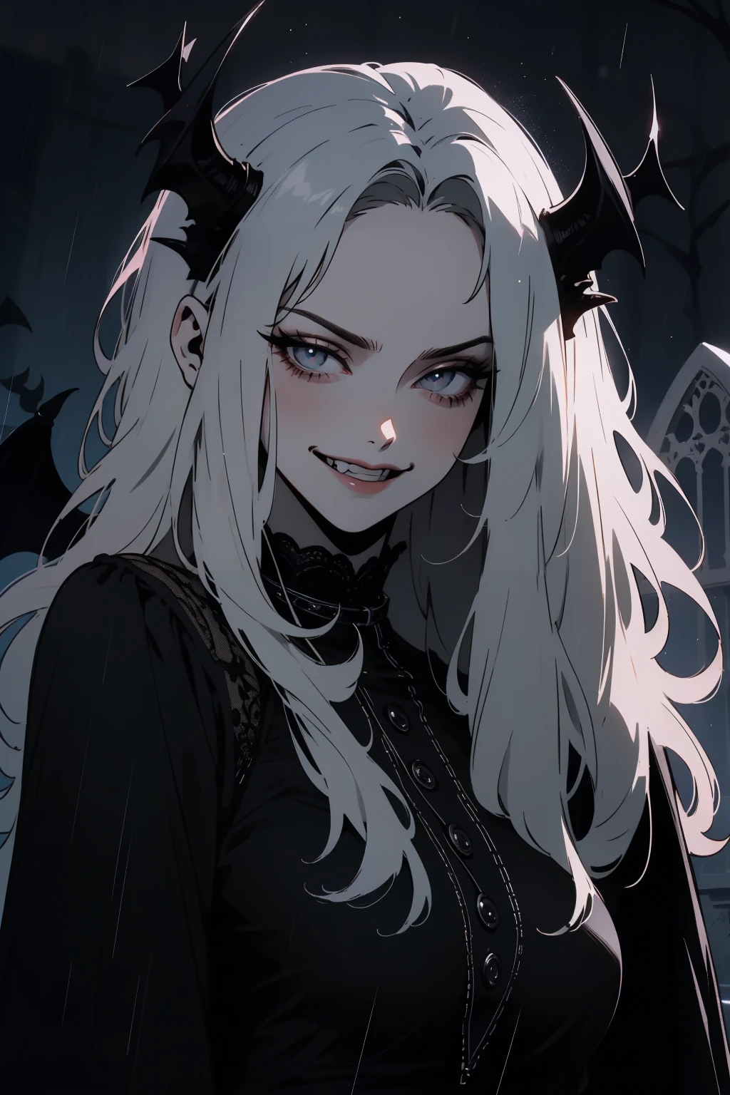 (outside, scary castle, raining, evening, soft light, dim lit, moody vibe, horror \(theme\), ), (insanely detailed, beautiful detailed face, masterpiece, best quality), 1girl, succubus, demon girl, mature female, black hair, pink eyes, grin, smirk, demon horns, black tail, black demon wings, whole body, walking on the ground