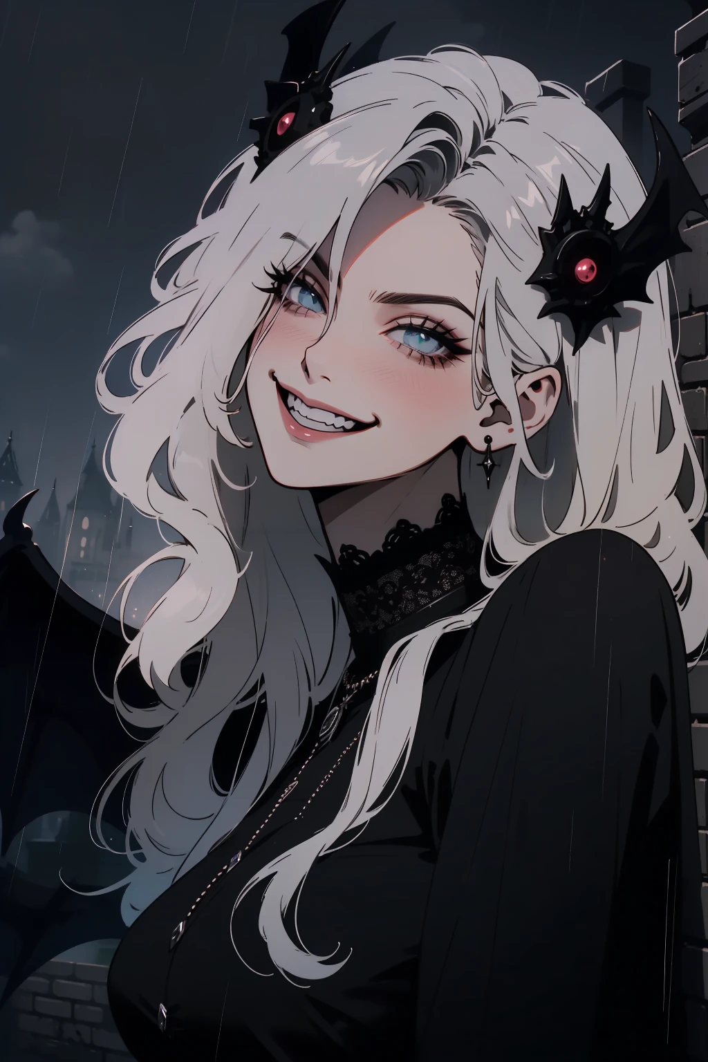 (outside, scary castle, raining, evening, soft light, dim lit, moody vibe, horror \(theme\), ), (insanely detailed, beautiful detailed face, masterpiece, best quality), 1girl, succubus, demon girl, mature female, black hair, pink eyes, grin, smirk, demon horns, black tail, black demon wings, whole body, walking on the ground