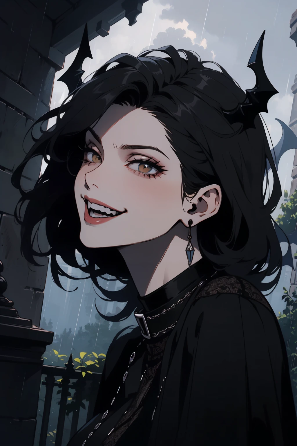 (outside, scary castle, raining, evening, soft light, dim lit, moody vibe, horror \(theme\), ), (insanely detailed, beautiful detailed face, masterpiece, best quality), 1girl, succubus, demon girl, mature female, black hair, pink eyes, grin, smirk, demon horns, black tail, black demon wings, whole body, walking on the ground