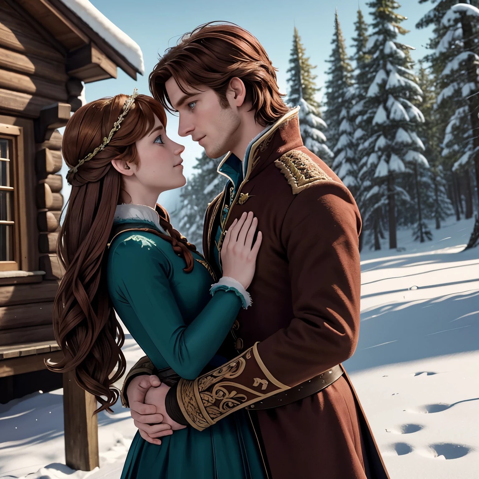 Year: 1840s. Location: Arendelle coronation ball a 23-year-old (prince hans of the southern isles with his sideburns and auburn hair), with (princess anna of arendelle), ((love)) (passionate), in front of a cabin in the woods, almost kissing, his hands around her waist, her arms around his neck, holding onto eachothers very closely, (((cinematic style)))