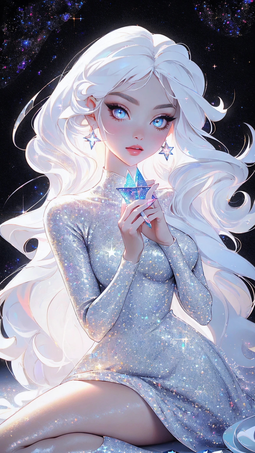 {-erro_de_anatomia:1.0} masterpiece, highest quality, (perfect face:1.1, (high detail)1.1, sweet stardust vampire , long soft white hair, opal eyes, perfectly drawn face, black dress, stars detailed background, prismatic lighting, glitter, whole bod., Very sexy, kneeling holding a crystal star in her hands