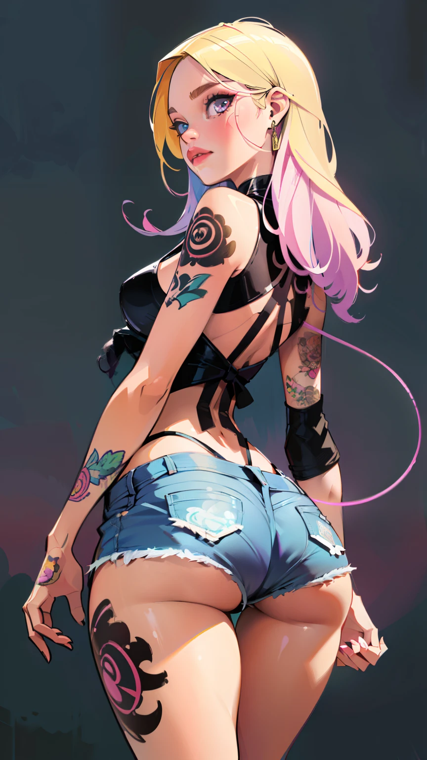 Background, In chic boho style, purple hair, Long Hair, super long hair, from back,  Ice cream print, multi-colored neon lights, neon garlands, lavender mint hair, mixed-language_SMS, Japanese graffiti, (beautiful and clear background:1.2),, fantastic paintings ,graffit style, olhos altamente detalhados , Underwear, lace, latex, blonde girl, Cat Print, tattoo, Loving, Love, ultra detailed hair, Masterpiece, Best Quality, hig quality, high-resolution, detail enhancement, ((most beautiful image in the world)), Masterpiece, Best Quality, hig quality, high-resolution, detail enhancement, ((most beautiful image ), Shiny pink degrade hair, ultra short fitted Stampa Flores, Rollers,  tights in a mesh, Short denim shorts,  art by stjepan sejic, art by j scott campbell, art by guillem march, art by citemer liu, 4k, high-resolution, comic book character, comic, high quality detailed,   style of ::2.0 comix illustration style,tatoon style, hig quality, high-resolution, detail enhancement, 8K, HD, Best Quality, hig quality, high-resolution, detail enhancement, 8K, HDR, Sharp focus, Ultra Detailed, Perfect lighting, Curvy Body, Lush breasts, Curvy hips