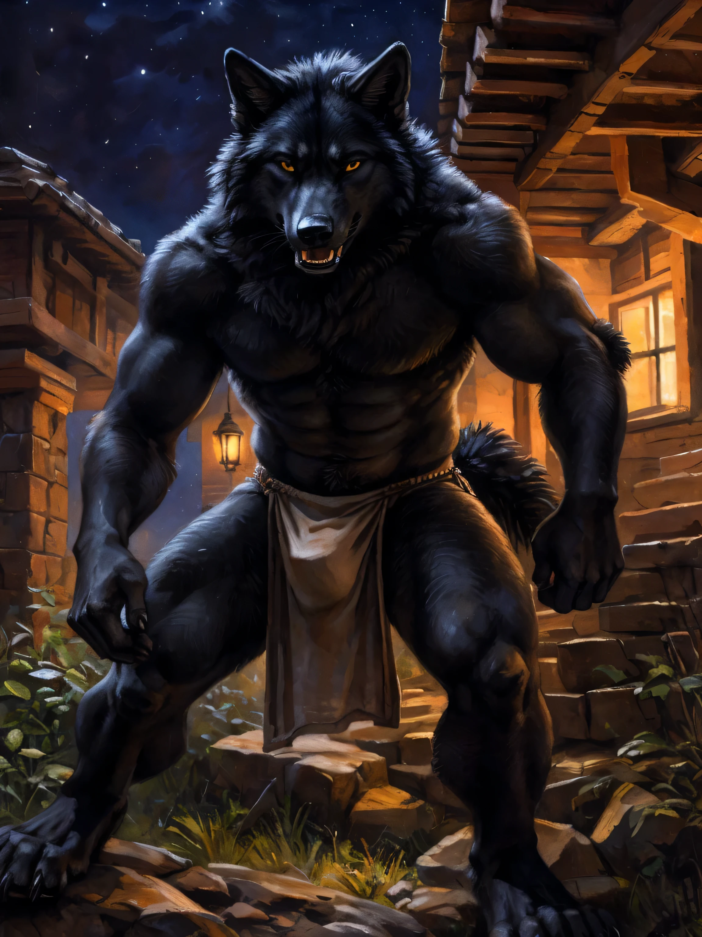symmetrical eyes, dark retinas, ((large wide eyes, staring intensely at camera, front view)), ((solo)), male, anthro (black wolf), (wolf tail), (sheath, (balls)), ((black fur, thick fur, furry body)), (muscular, beefy), by blotch, by kenket, (masterpiece, high quality, 8k, perfect hands, correct anatomy:1.2), ((taking a bath)), ((mature male)), sexy, ((detailed background)),