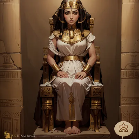 realistic woman in a white dress sitting on a throne with gold decorations, egyptian clothes, black emma watson as egyptian, egy...