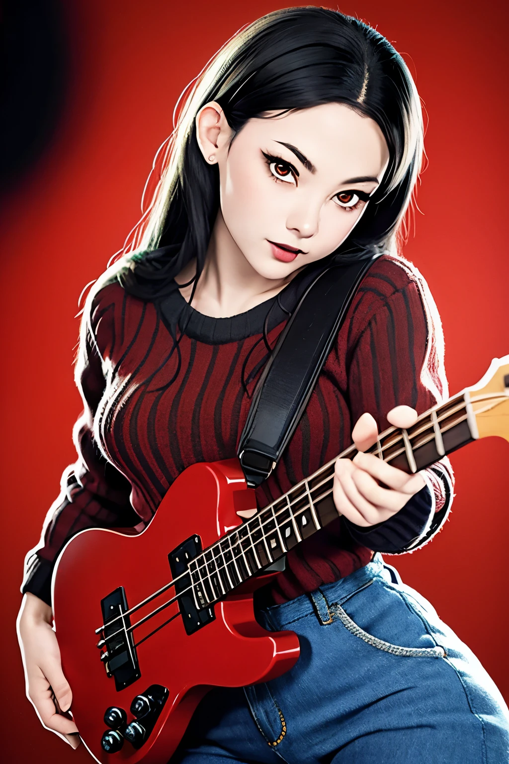 (masterpiece, ultra detailed) ((Marceline)), (adventure time character), ((black eyes)), (playing an axe bass), ((blue skin)), (vampire teeth), ((wearing a red and black striped sweater)), ((wearing pants))