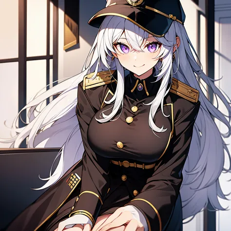 a woman in a black military coat with gold details, short black skirt, in a cafe, long white hair, big breast, purple eyes, smil...